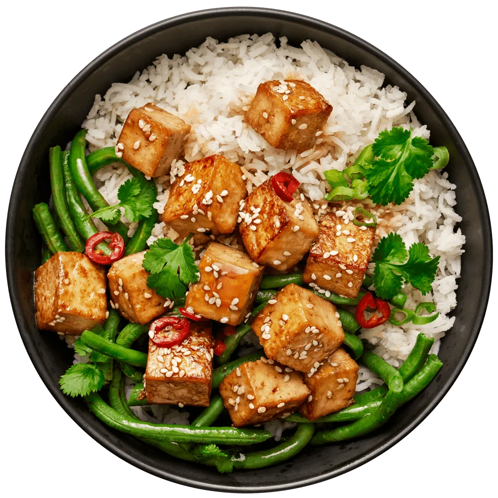 Bilden visar fast tofu naturell med ris och grönsaker