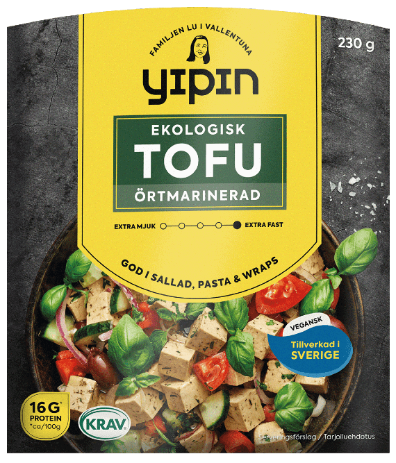 Bilden visar 230g Yipin örtmarinerad tofu, en marinerad tofu. Ekologisk.