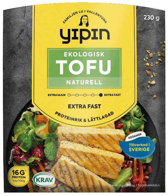 Bilden visar förpackningen till 230 g Yipin extra fast tofu naturell, en ekologisk naturell tofu