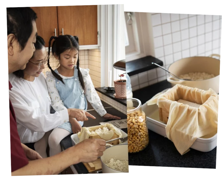 Bilden visar familjen Lu som gör svensk tofu i sitt eget kök.