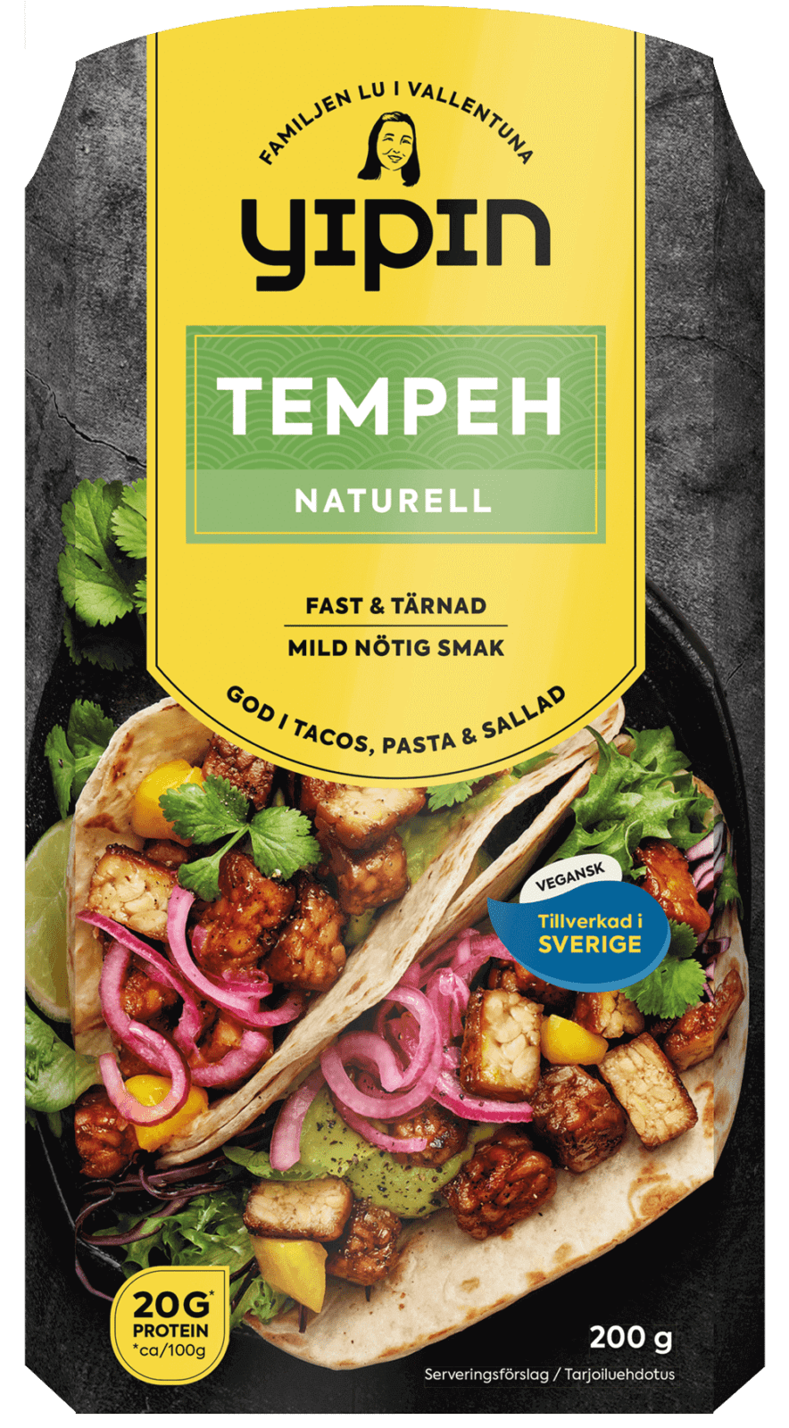 Bilden visar förpackningen till 200 g Yipin tempeh naturell, en svensktillverkad tempeh