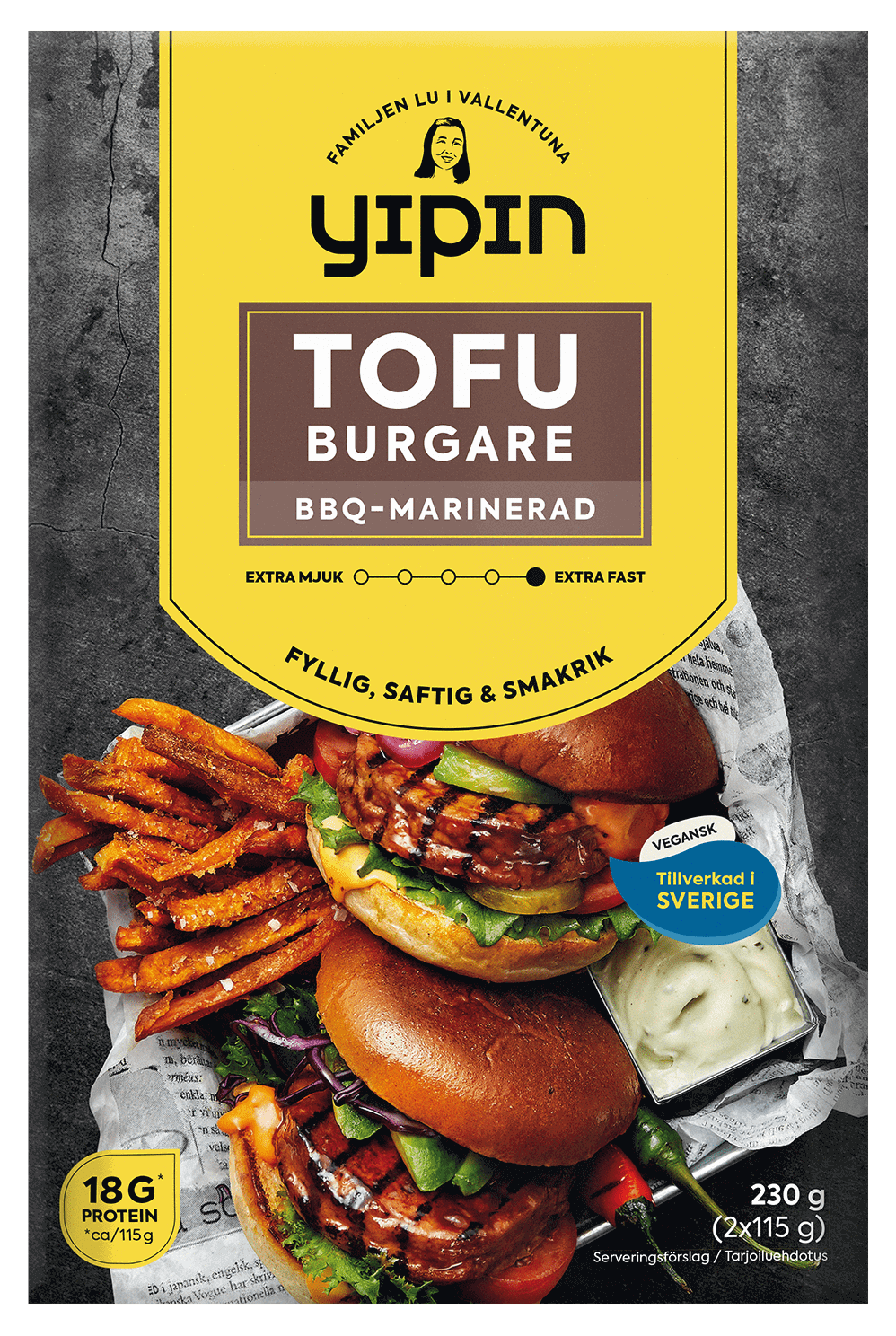 Bilden visar förpackningen till 2 x 115 g Yipin tofuburgare, en BBQ-marinerad vegoburgare.