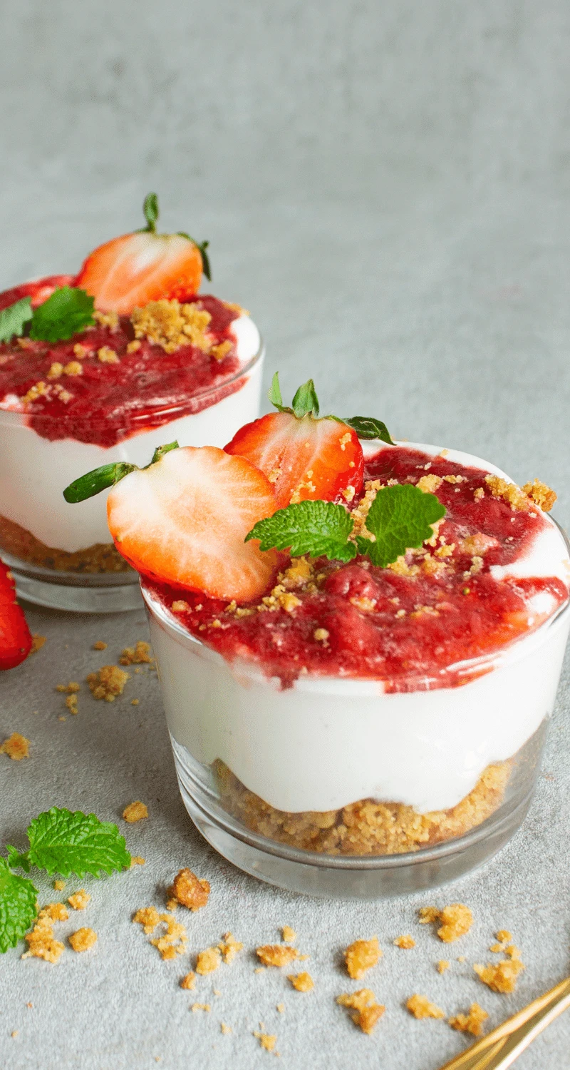 Bilden visar en vegansk cheesecake i glas med jordgubbar, vit choklad och silkestofu