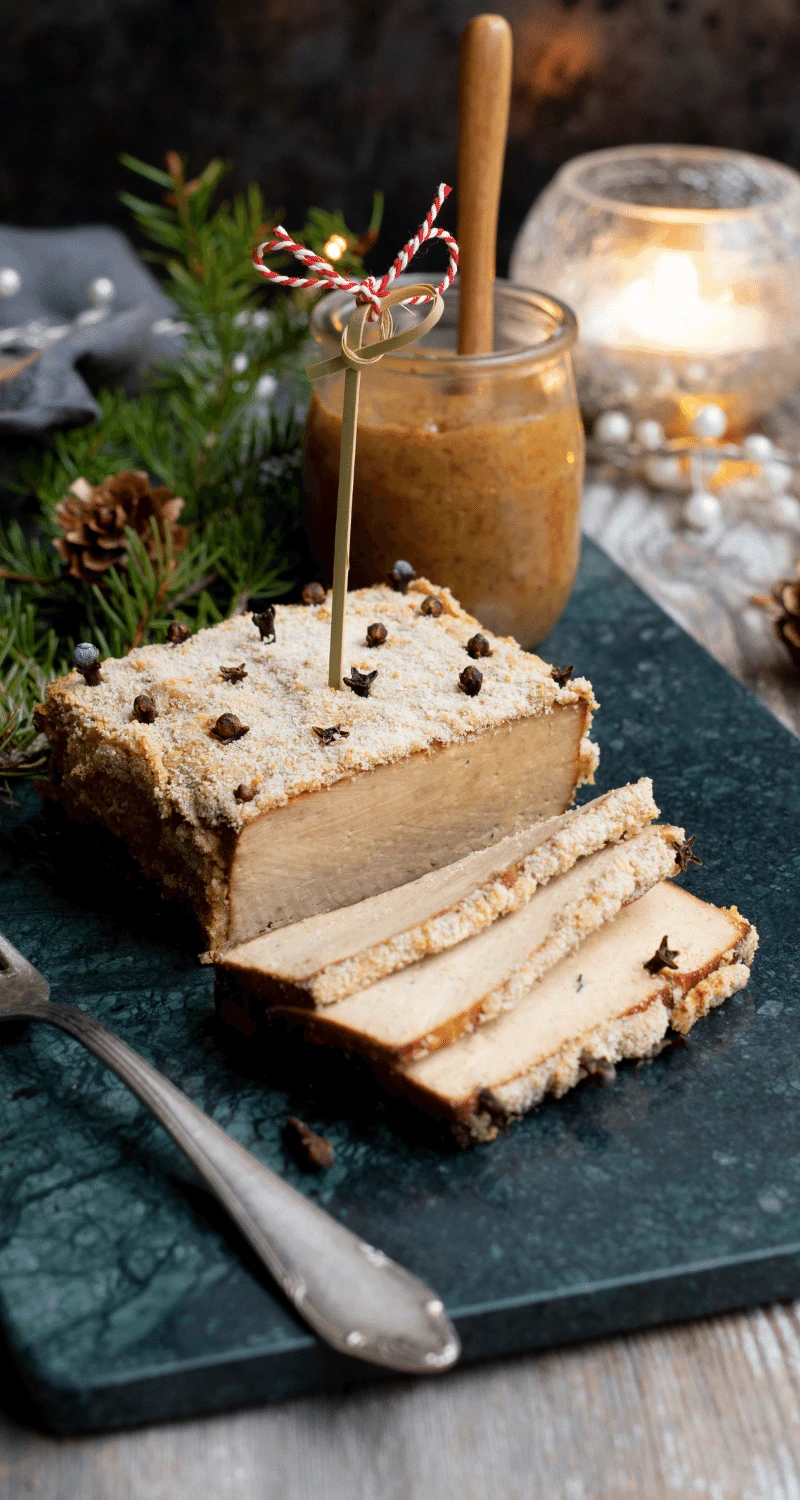 Bilden visar vegansk julskinka av griljerad alspånsrökt tofu
