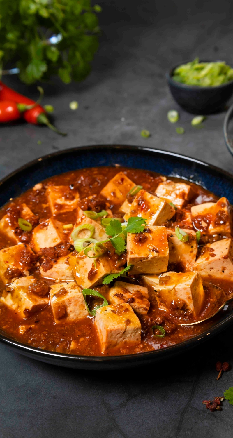 Vegetarisk mapo tofu med sojafärs i en skål