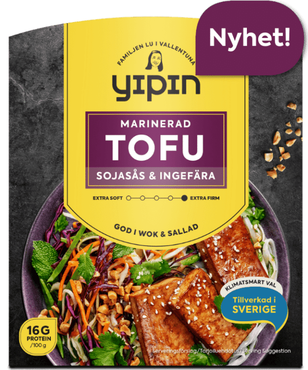 Bilden visar förpackningen till 230 g Yipin marinerad tofu, en tofu med smak av sojasås och ingefära