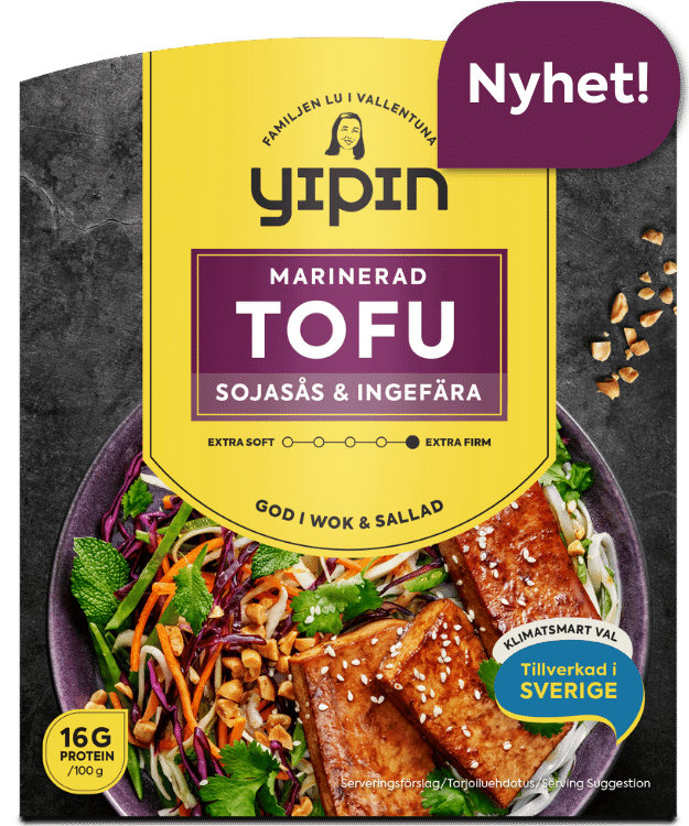 Bilden visar förpackningen till 230 g Yipin marinerad tofu, en tofu med smak av sojasås och ingefära