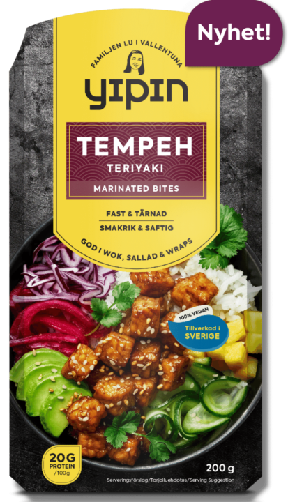 Bilden visar förpackningen till 200 g Yipin tempeh teriyaki, en svensktillverkad tempeh