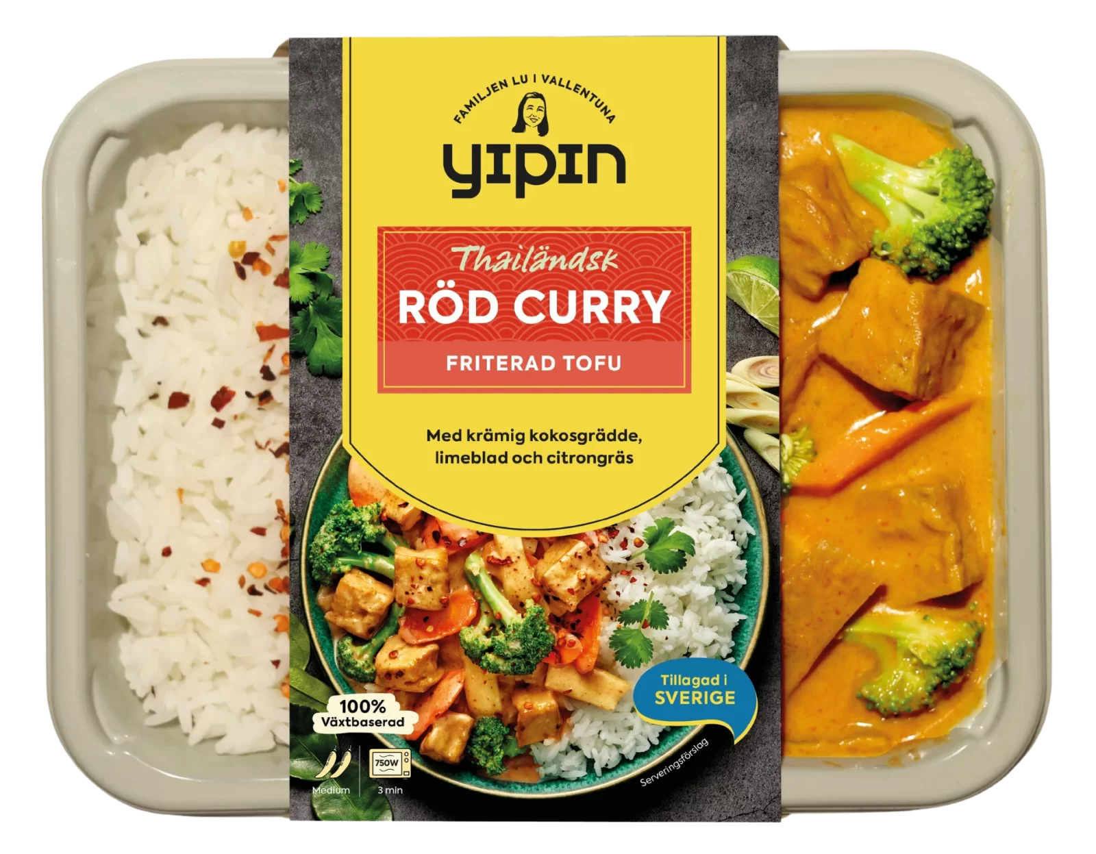 Bilden visar en asiatisk färdigrätt Röd curry med friterad tofu från Yipin