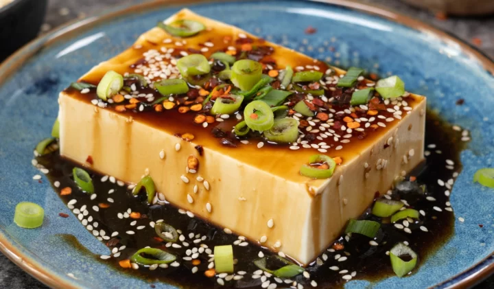 Japansk mat hiyayakko silkestofu på en blå tallrik 