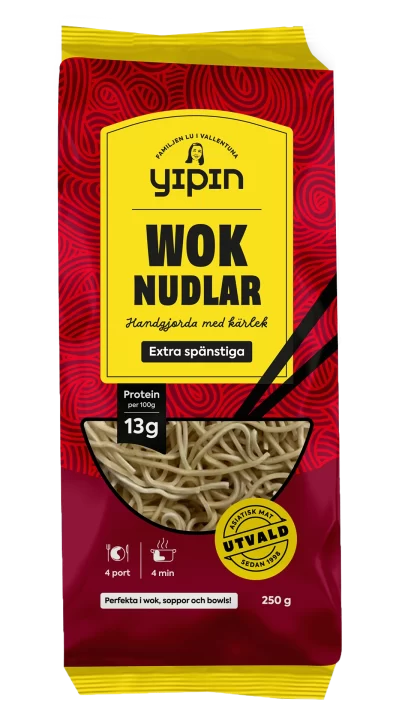 Bilden visar Yipin woknudlar - extra spänstiga nudlar för wok