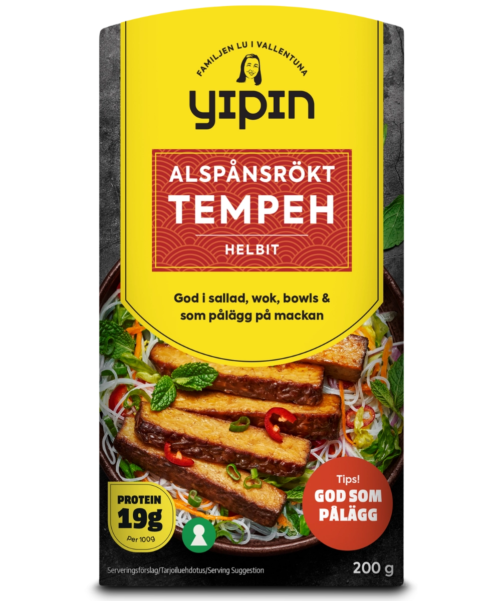 Bilden visar Yipin alspånsrökt tempeh