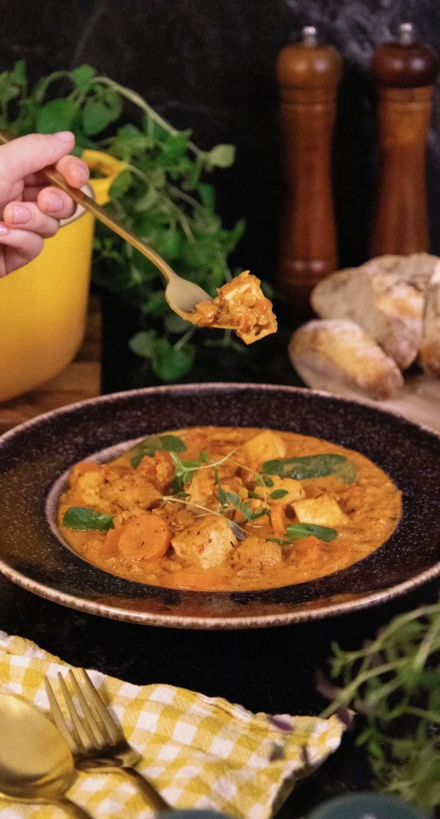 Bilden visar röd linsgryta med tofu